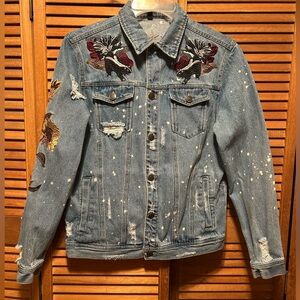 Young & Reckless Streetwear Blue Distressed Jean Jacket with Embroidered Designs
